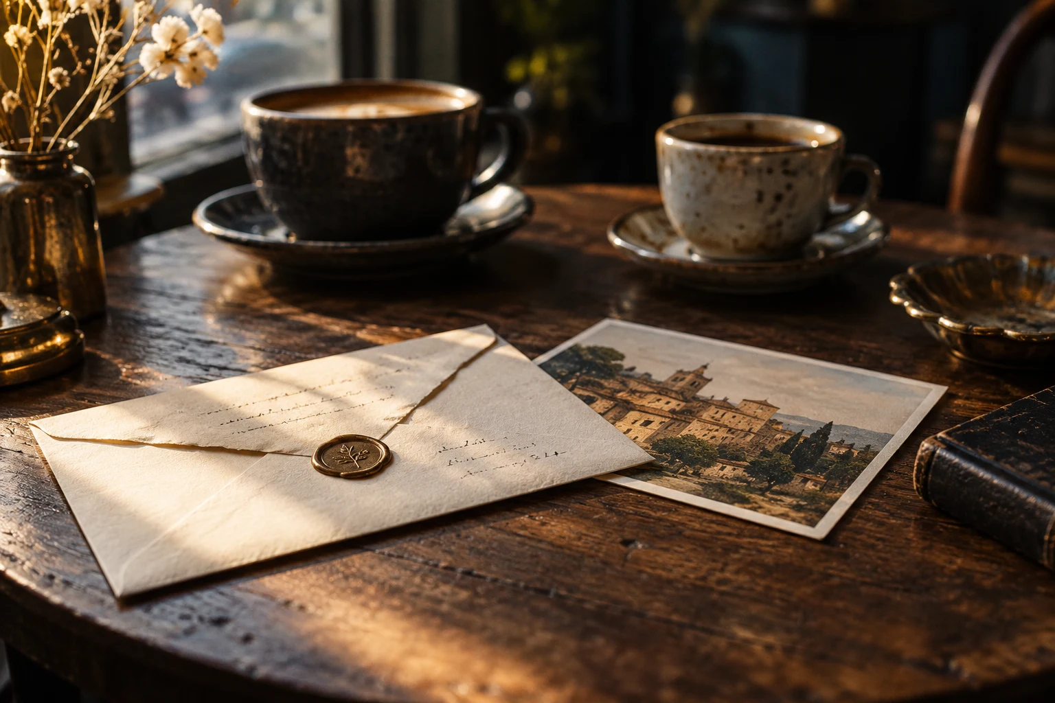 An envelope and postcard beside two cups on a cafe table