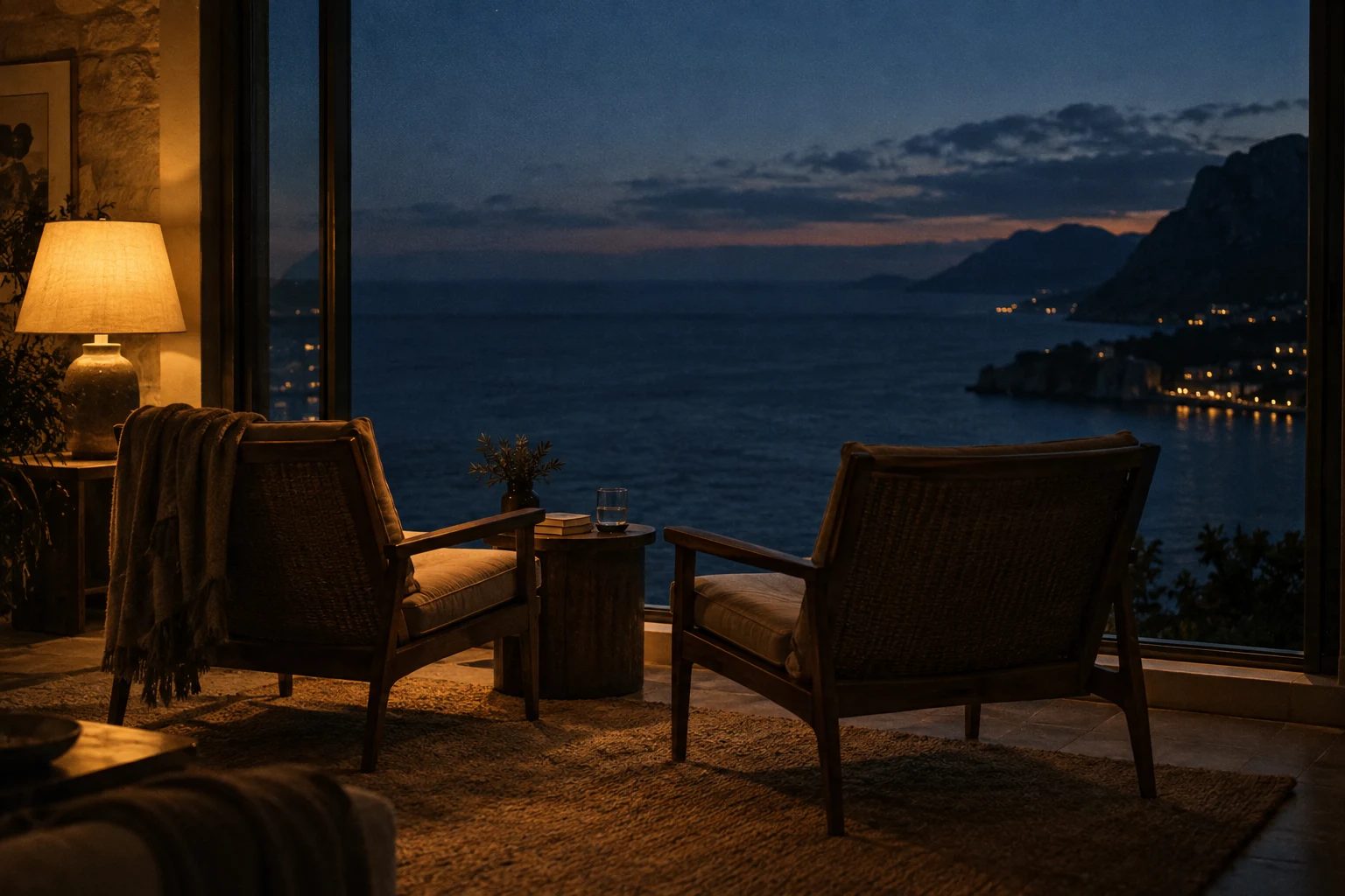 Two chairs beside a window overlooking the sea at dusk