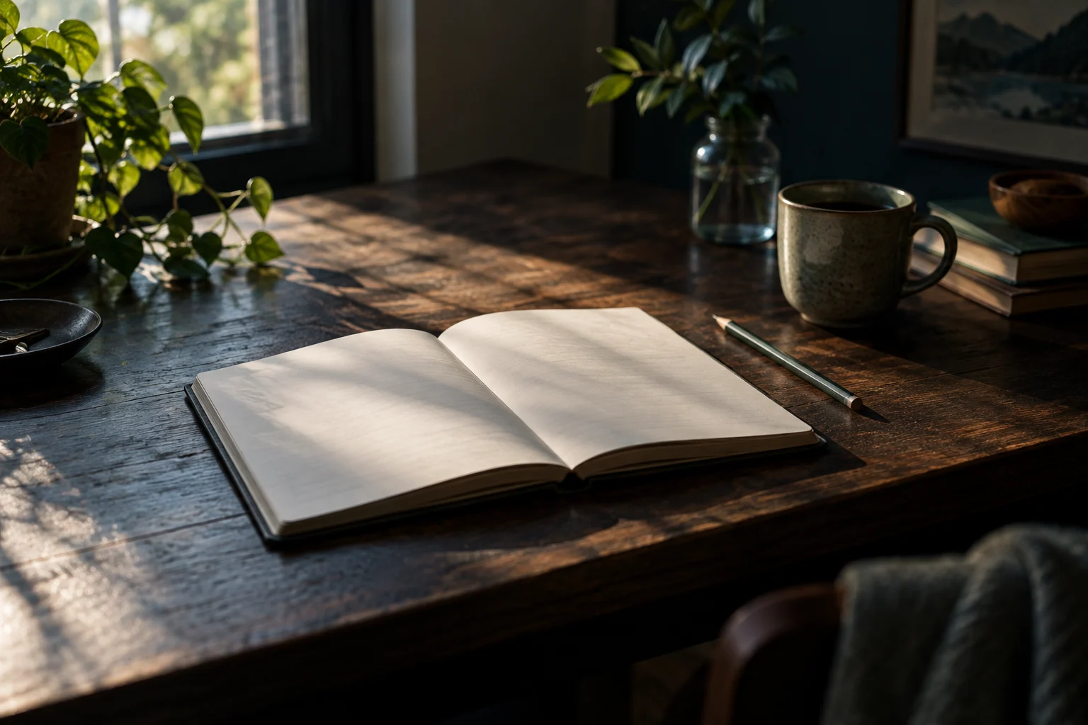 Blank notebook and pencil on a sunlit wooden desk