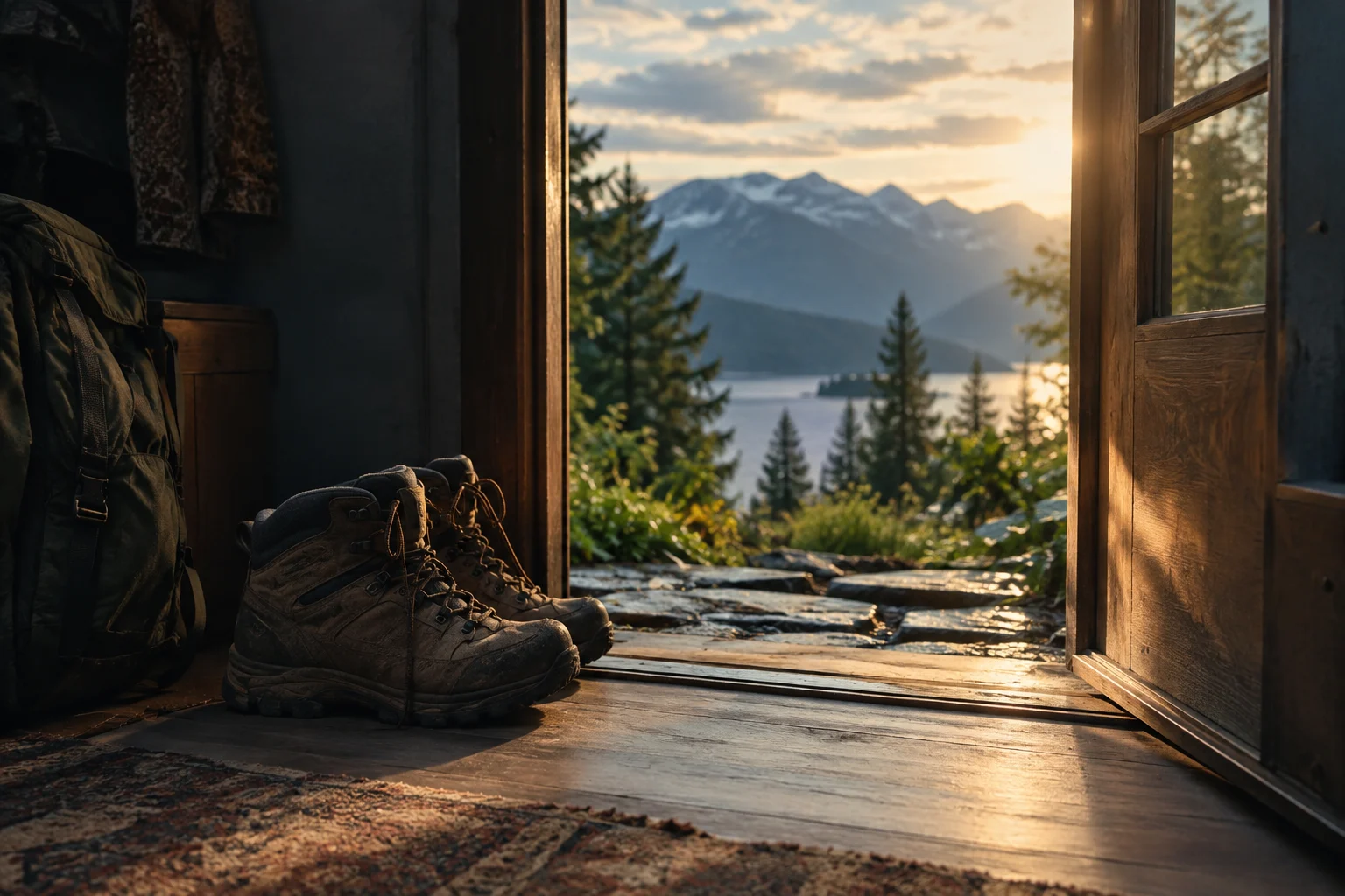 Walking shoes beside an open doorway