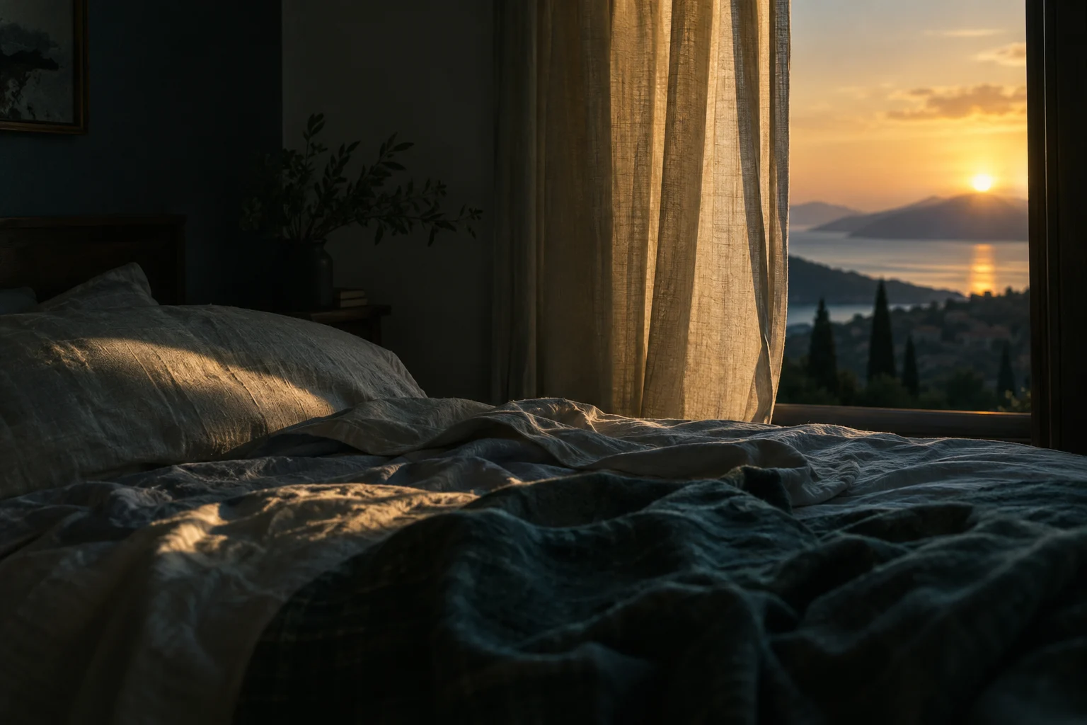 Dawn light across rumpled bed linen