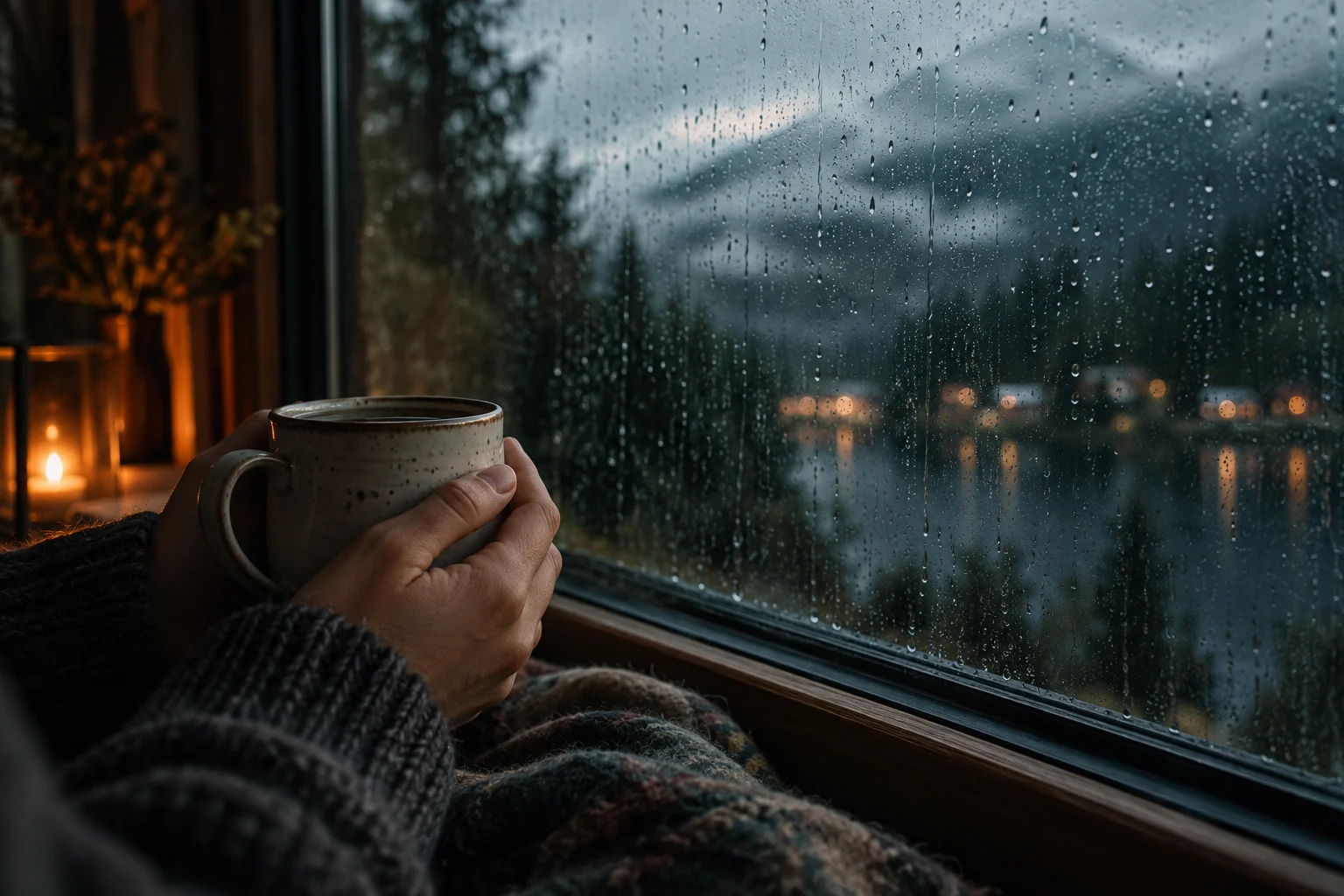 Hands holding a ceramic mug beside a rainy window