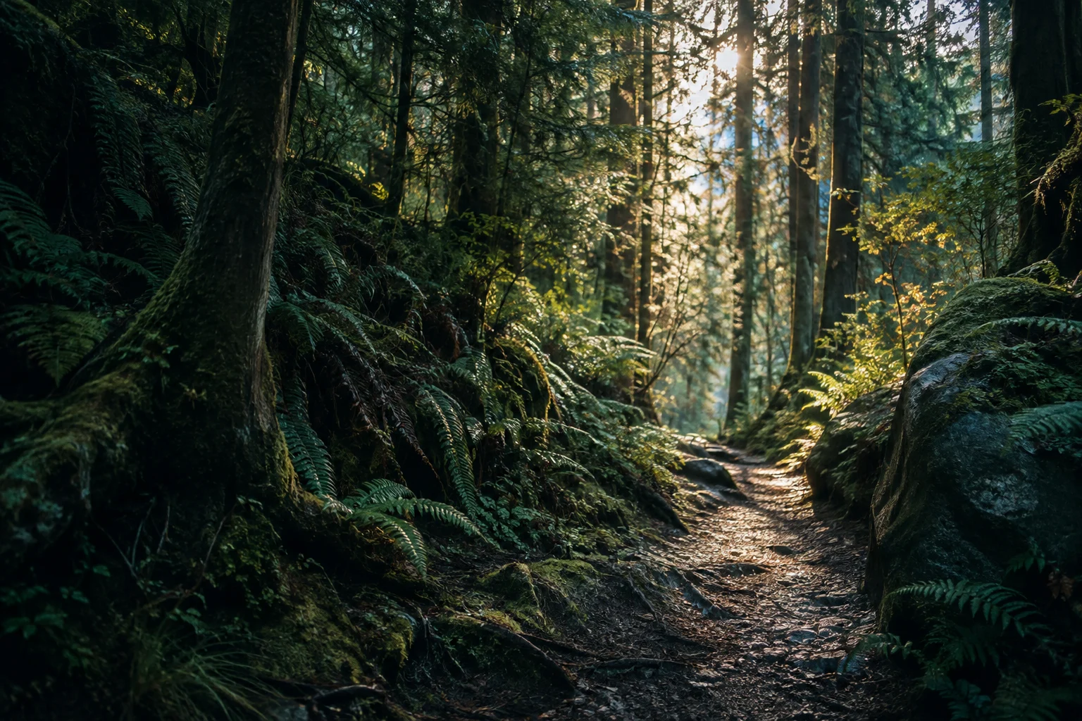 A narrow path through a green woodland