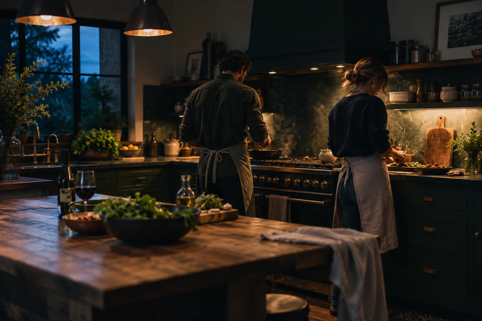 Two adults preparing food in a warm kitchen