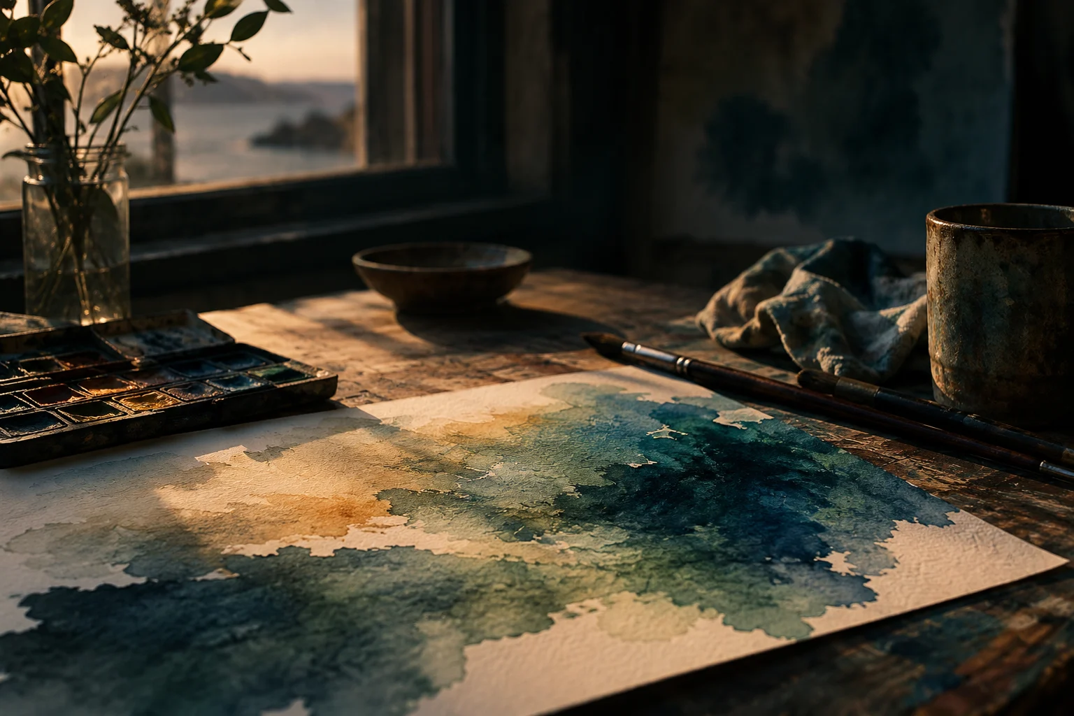 Watercolors and an unfinished painting beside a window