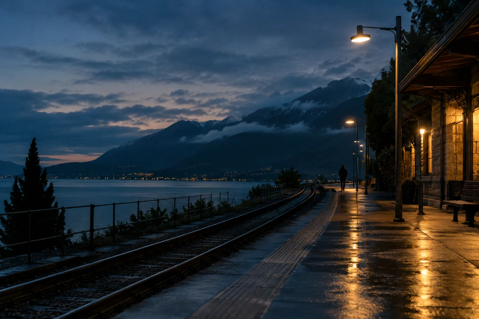 A quiet train platform at blue hour