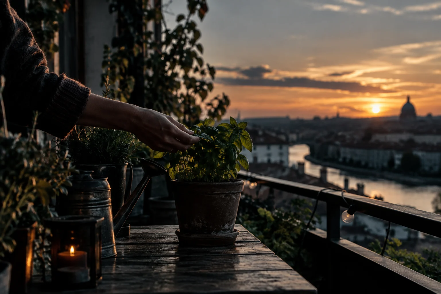 A hand tending a balcony plant at sunset