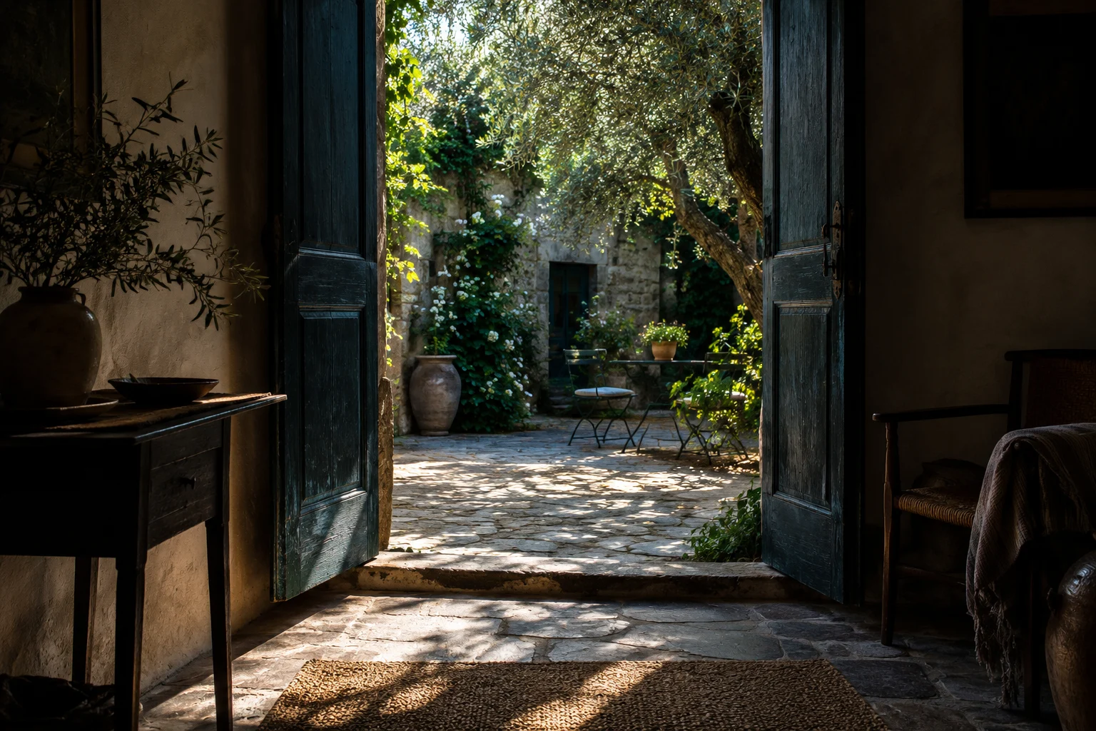 Sunlight through a doorway into a leafy courtyard