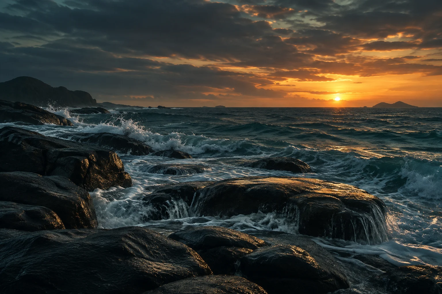 Waves meeting dark rocks at twilight
