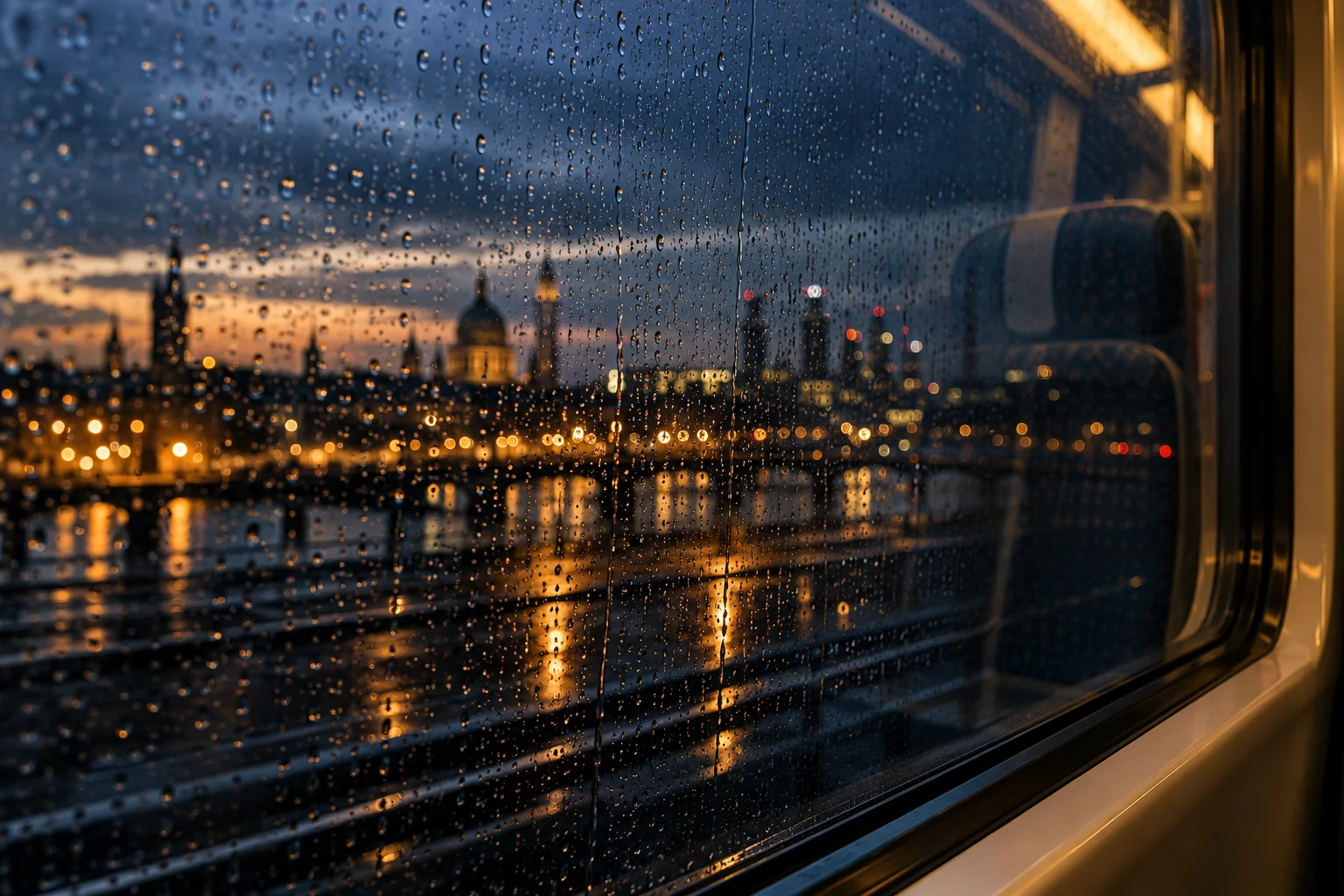 Rain on a train window with blurred evening lights beyond
