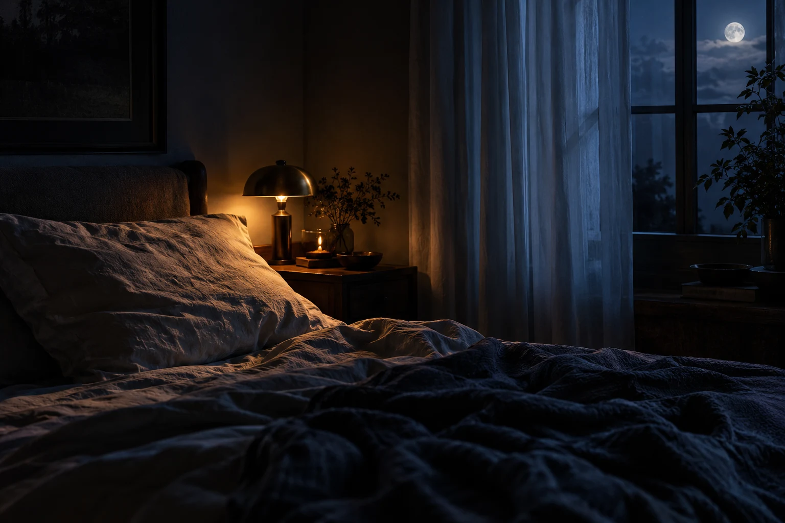 A quiet bedroom with soft moonlight and a low lamp